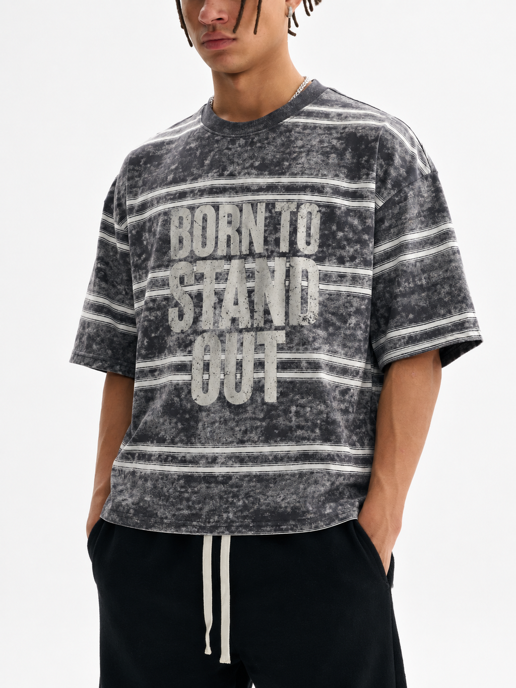 BORN TO STAND OUT Snow Washed Striped Boxy T-Shirt